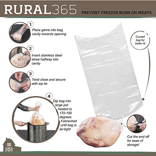 Rural365 Poultry Shrink Bags 25ct Large Turkey Bag - Heat Dip Shrinking Wrap Storage Bags, 16 x 28 Inch with Steel Straw