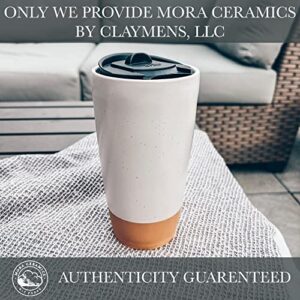 Mora Double Wall Ceramic Coffee Travel Mug with Lid, 14 oz, Portable, Microwave, Dishwasher Safe, Insulated Reusable Tall Cup, Splash Resistant Lid - To Go Tumbler for Car Cup Holder, Cotton White