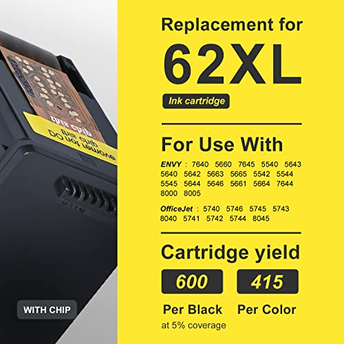 MYCARTRIDGE 62 Remanufactured Ink Cartridge Replacement for HP 62 62XL Use with Envy 7640 5660 5540 7645 OfficeJet 5740 8040 5741 OfficeJet 200 250 (1 Black 1 Tri-Color, 2-Pack)