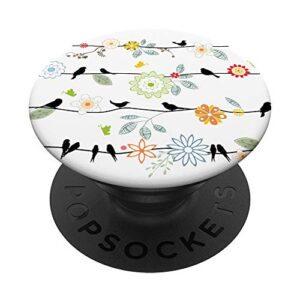 cute birds black on wires a vintage flowers leaves on white popsockets grip and stand for phones and tablets
