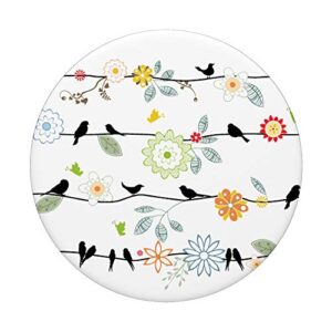 Cute Birds Black On Wires A Vintage Flowers Leaves On White PopSockets Grip and Stand for Phones and Tablets