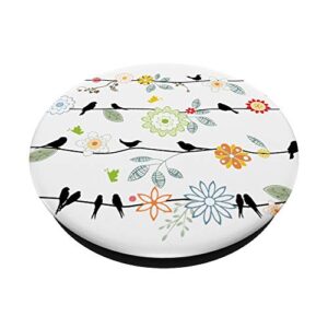 Cute Birds Black On Wires A Vintage Flowers Leaves On White PopSockets Grip and Stand for Phones and Tablets