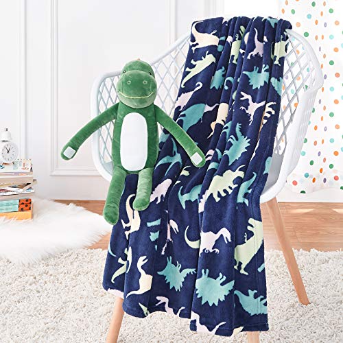 Amazon Basics Kids Dinosaur Squad Patterned Throw Blanket with Stuffed Animal Dinosaur