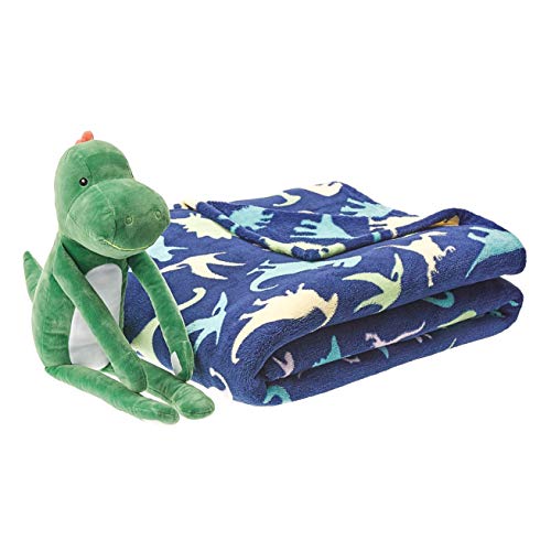 Amazon Basics Kids Dinosaur Squad Patterned Throw Blanket with Stuffed Animal Dinosaur