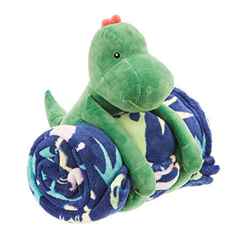 Amazon Basics Kids Dinosaur Squad Patterned Throw Blanket with Stuffed Animal Dinosaur