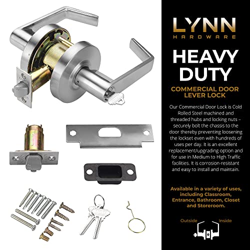 LYNN HARDWARE Commercial Door Lever Lock - Heavy-Duty Locking Door Handle, Designer Door Handles, Cylindrical Lever Lock, Non-Handed Grade 2 Door Handle, Satin Chrome, Classroom Function