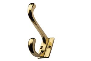 solid brass retro coat and hat hook rectangle base with matching brass screws finished in polished brass heritage multi purpose hook