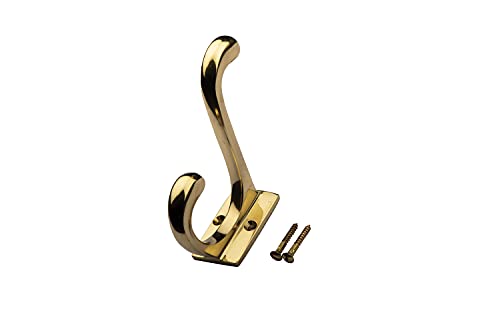 Solid Brass Retro Coat and Hat Hook Rectangle Base with Matching Brass Screws Finished in Polished Brass Heritage Multi Purpose Hook