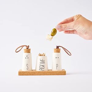 Mud Pie, Off-White Salt, Pepper & Toothpick Holder, Size: tray 2" x 6" | shakers 2 3/4" x 1 1/2" dia