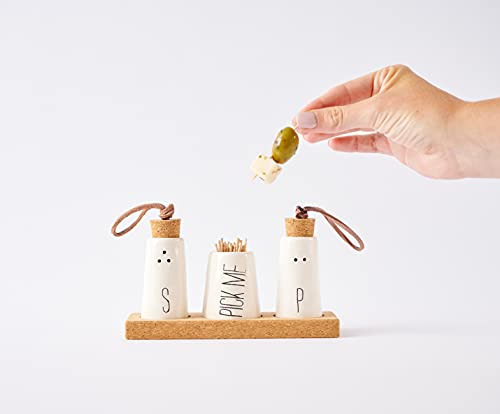 Mud Pie, Off-White Salt, Pepper & Toothpick Holder, Size: tray 2" x 6" | shakers 2 3/4" x 1 1/2" dia