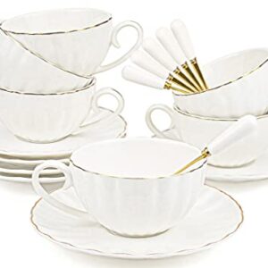 Yesland Set of 6 Royal Tea Cups and Saucers with Gold Trim, 8 Ounce White Porcelain Tea Set & British Coffee Cups, White Latte Cups and Espresso Mug for Specialty Coffee Drinks, Latte, Cafe Mocha, Tea
