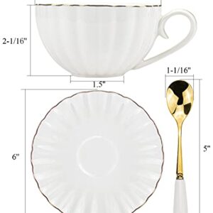 Yesland Set of 6 Royal Tea Cups and Saucers with Gold Trim, 8 Ounce White Porcelain Tea Set & British Coffee Cups, White Latte Cups and Espresso Mug for Specialty Coffee Drinks, Latte, Cafe Mocha, Tea