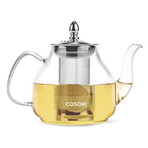cosori glass teapot stovetop safe gooseneck kettle with removable stainless steel infuser scale line for blooming and loose leaf tea brewer, bpa free durable borosilicate, 1000ml, transparent