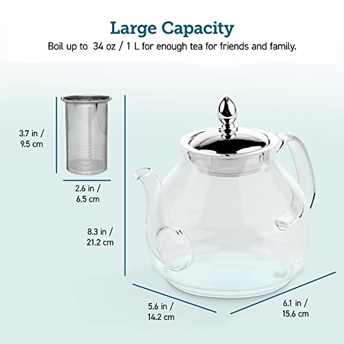 COSORI Glass Teapot Stovetop Safe Gooseneck Kettle with Removable Stainless Steel Infuser Scale Line for Blooming and Loose Leaf Tea Brewer, BPA Free Durable Borosilicate, 1000mL, Transparent