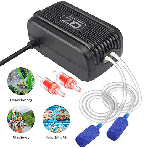 Aquarium Air Pump, Rifny 3W Adjustable Fish Tank Oxygen Air Pump Kit with Dual Outlet Air Valve Air Stones Silicone Tube Check Valves, 2 * 2500 ML/Min Air Flow Capacity for 1-80 Galon Fish Tank