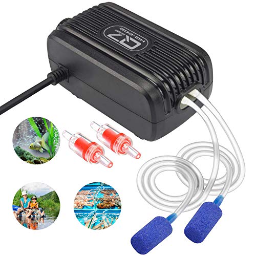 Aquarium Air Pump, Rifny 3W Adjustable Fish Tank Oxygen Air Pump Kit with Dual Outlet Air Valve Air Stones Silicone Tube Check Valves, 2 * 2500 ML/Min Air Flow Capacity for 1-80 Galon Fish Tank