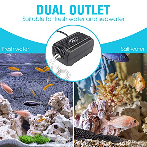 Aquarium Air Pump, Rifny 3W Adjustable Fish Tank Oxygen Air Pump Kit with Dual Outlet Air Valve Air Stones Silicone Tube Check Valves, 2 * 2500 ML/Min Air Flow Capacity for 1-80 Galon Fish Tank