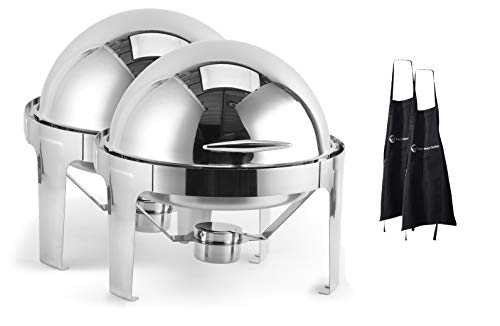 2 Pack 6 QT Round Roll Top Chafing Dish Chafer, Stainless Steel, Each Set Includes Food Pan, Water Pan, Fuel Holder, and Apron- Durable, shiny silver, keeps food warm in catered events