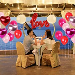 Treasures Gifted - LOVE Valentine’s Day Balloons - Red Letters w/ Red, Magenta & Blush Pink Metallic & Heart Shaped Balloons - Valentine’s Day Decor Kit w/ Pink Ribbon & Temporary Adhesive Dots