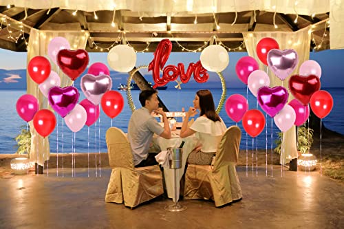 Treasures Gifted - LOVE Valentine’s Day Balloons - Red Letters w/ Red, Magenta & Blush Pink Metallic & Heart Shaped Balloons - Valentine’s Day Decor Kit w/ Pink Ribbon & Temporary Adhesive Dots