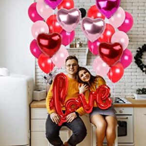 Treasures Gifted - LOVE Valentine’s Day Balloons - Red Letters w/ Red, Magenta & Blush Pink Metallic & Heart Shaped Balloons - Valentine’s Day Decor Kit w/ Pink Ribbon & Temporary Adhesive Dots