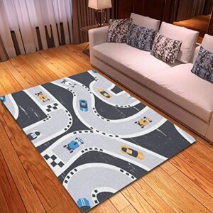 rouihot non-slip area rug 3'x 5' blue race racing cars pattern yellow boy children baby rugs carpet for classroom living room bedroom dining kindergarten room