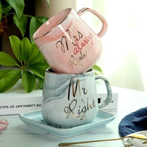 mr right mrs always right couple coffee mugs cups - bridal shower wedding anniversary valentine's day gift - bride and groom newlyweds married couples ceramic marble couple cups mugs set (13.2 oz )