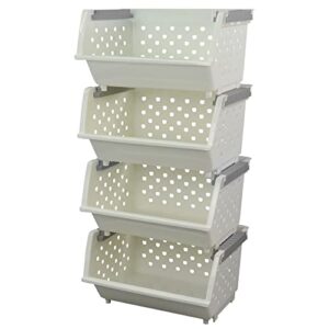 kekow 4-pack plastic large stacking organizer basket, stackable storage basket, white