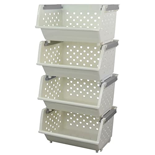 Kekow 4-Pack Plastic Large Stacking Organizer Basket, Stackable Storage Basket, White