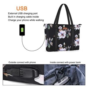 MOSISO USB Port Laptop Tote Bag (17-17.3 inch) with Adjustable Top Handle, Laptop Bag for Women, Hibiscus Polyester Work Travel Shoulder Bag