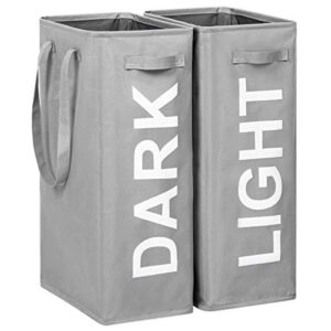 wowlive double 65l slim laundry hamper 2 pack tall thin laundry basket with extended handles dark and lights separator narrow dirty clothes hamper collapsible laundry organizer for dorm room (grey)
