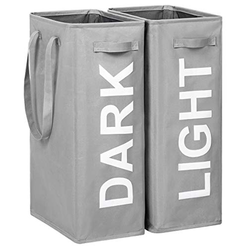 WOWLIVE Double 65L Slim Laundry Hamper 2 Pack Tall Thin Laundry Basket with Extended Handles Dark and Lights Separator Narrow Dirty Clothes Hamper Collapsible Laundry Organizer for Dorm Room (Grey)