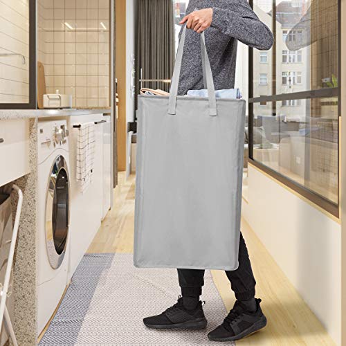 WOWLIVE Double 65L Slim Laundry Hamper 2 Pack Tall Thin Laundry Basket with Extended Handles Dark and Lights Separator Narrow Dirty Clothes Hamper Collapsible Laundry Organizer for Dorm Room (Grey)