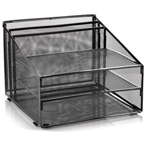 metal office desk organizer 3-tier, mesh desktop document and a4 file holder with 3 flat trays and 2 upright compartments, steel mail organizer for desk top accessories, stationery, paper, black
