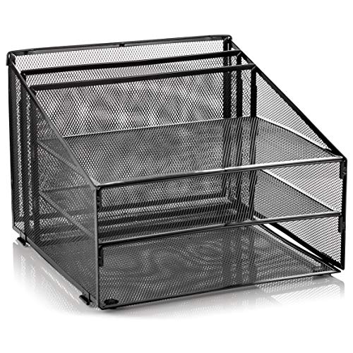 Metal Office Desk Organizer 3-Tier, Mesh Desktop Document and A4 File Holder with 3 Flat Trays and 2 Upright Compartments, Steel Mail Organizer for Desk Top Accessories, Stationery, Paper, Black