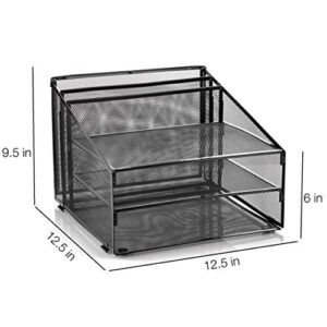 Metal Office Desk Organizer 3-Tier, Mesh Desktop Document and A4 File Holder with 3 Flat Trays and 2 Upright Compartments, Steel Mail Organizer for Desk Top Accessories, Stationery, Paper, Black