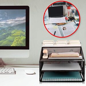 Metal Office Desk Organizer 3-Tier, Mesh Desktop Document and A4 File Holder with 3 Flat Trays and 2 Upright Compartments, Steel Mail Organizer for Desk Top Accessories, Stationery, Paper, Black