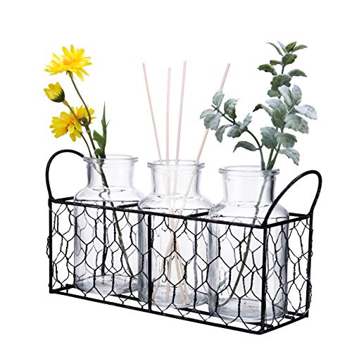 Diamond Star 3Pcs Clear Glass Milk Bottle Vases in Basket Caddy Vintage Style Jars Sets (3Pcs , 11"L X 3"W X 5.5"H)