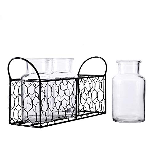 Diamond Star 3Pcs Clear Glass Milk Bottle Vases in Basket Caddy Vintage Style Jars Sets (3Pcs , 11"L X 3"W X 5.5"H)