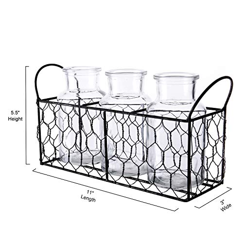 Diamond Star 3Pcs Clear Glass Milk Bottle Vases in Basket Caddy Vintage Style Jars Sets (3Pcs , 11"L X 3"W X 5.5"H)