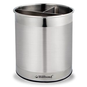 hillbond stainless steel utensil holder with removable divider for easy clean, 360° rotating kitchen utensil crocks with weighted base for no tipping over, utensil caddy organizer (extra large)