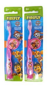 firefly nickelodeon paw patrol kids toothbrushes with suction cup and toothbrush cap - for girls 3+ yrs. (2 count (pack of 1), pink)