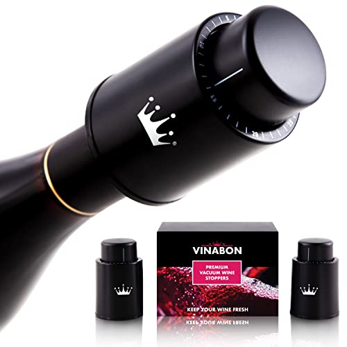 VINABON Vacuum Wine Stopper Set of 2 - Preserves Freshness and Flavor for 15 Days. Improved Pump Design, Easy One Button Operation, 100% Leak Proof Seal in Any Position. Includes WineGuide eBook