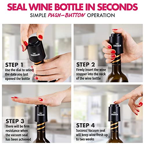 VINABON Vacuum Wine Stopper Set of 2 - Preserves Freshness and Flavor for 15 Days. Improved Pump Design, Easy One Button Operation, 100% Leak Proof Seal in Any Position. Includes WineGuide eBook