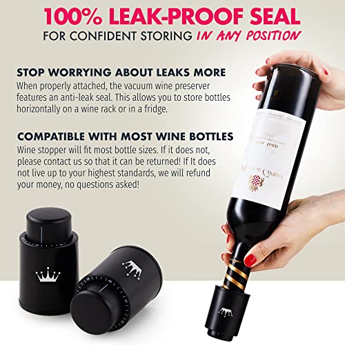 VINABON Vacuum Wine Stopper Set of 2 - Preserves Freshness and Flavor for 15 Days. Improved Pump Design, Easy One Button Operation, 100% Leak Proof Seal in Any Position. Includes WineGuide eBook