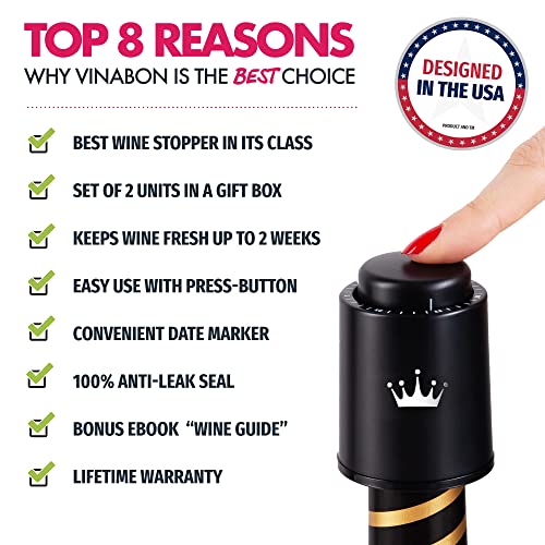 VINABON Vacuum Wine Stopper Set of 2 - Preserves Freshness and Flavor for 15 Days. Improved Pump Design, Easy One Button Operation, 100% Leak Proof Seal in Any Position. Includes WineGuide eBook