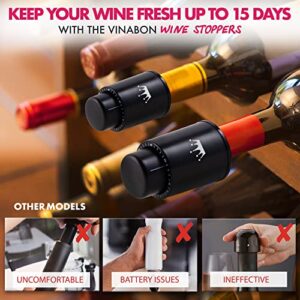 VINABON Vacuum Wine Stopper Set of 2 - Preserves Freshness and Flavor for 15 Days. Improved Pump Design, Easy One Button Operation, 100% Leak Proof Seal in Any Position. Includes WineGuide eBook