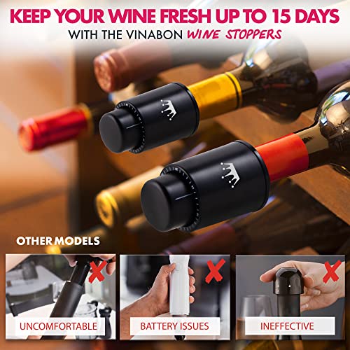 VINABON Vacuum Wine Stopper Set of 2 - Preserves Freshness and Flavor for 15 Days. Improved Pump Design, Easy One Button Operation, 100% Leak Proof Seal in Any Position. Includes WineGuide eBook