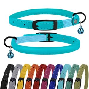 bronzedog cat collar with bell safety rolled leather collars for cats kitten black blue pink green yellow grey (8" - 10", aqua blue)