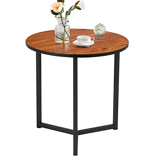 VECELO Round Coffee End Side Table for Living Room/Bedroom/Couch/Kitchen, Sturdy Nightstand Home Furniture with Metal Frame,Easy Assembly, Brown